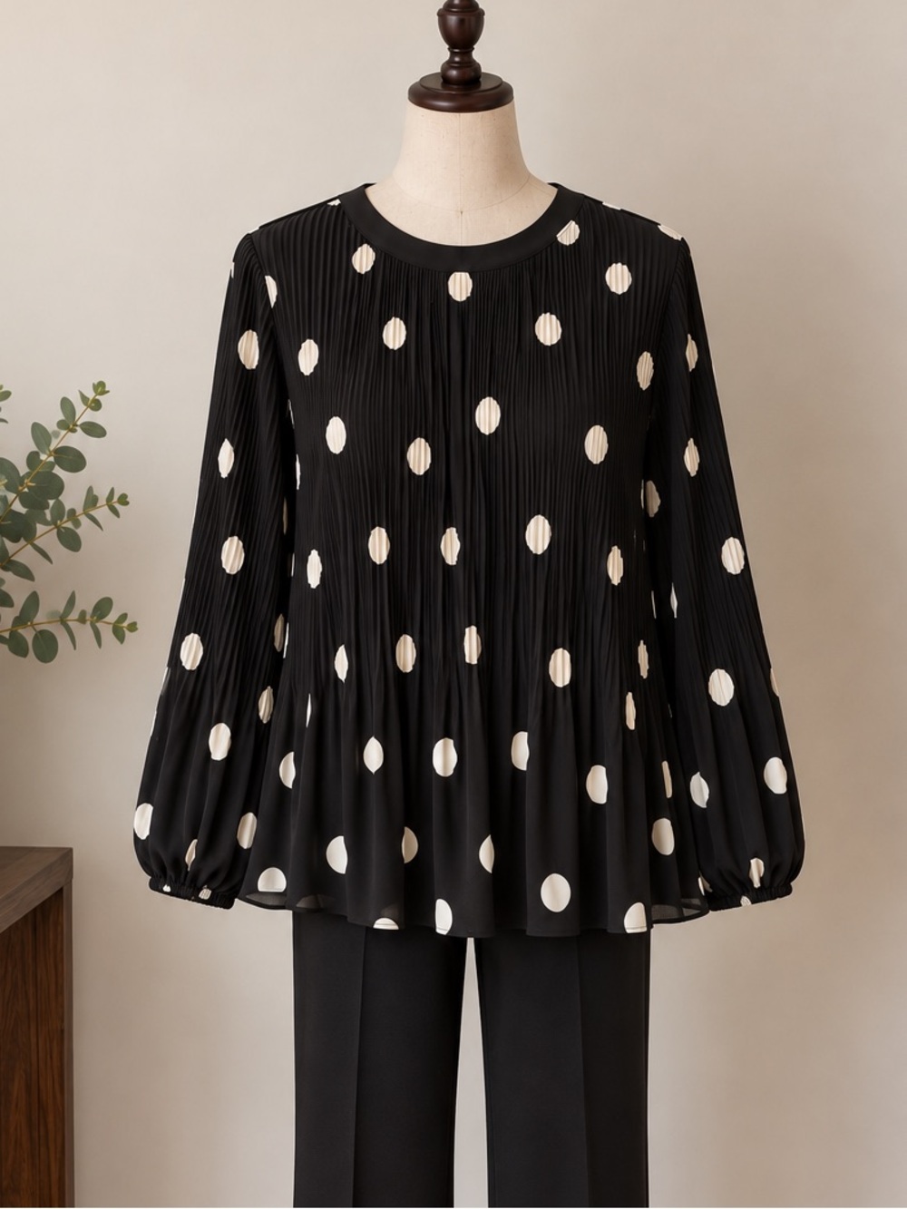 Adrianna Papell Black White Polka Dot Pleated Tunic L Retro Chic